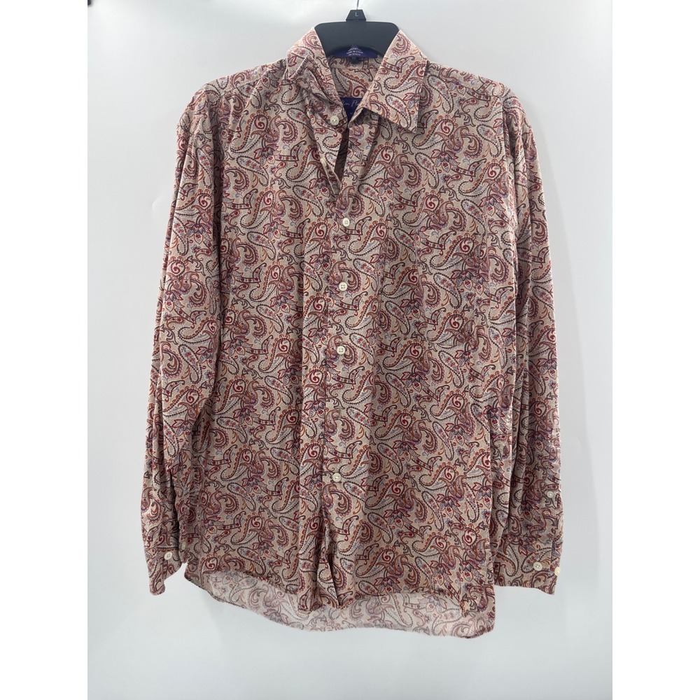 Alan Flusser Mens Medium Paisley Button Down Shirt Cotton Long Sleeve Tan Red